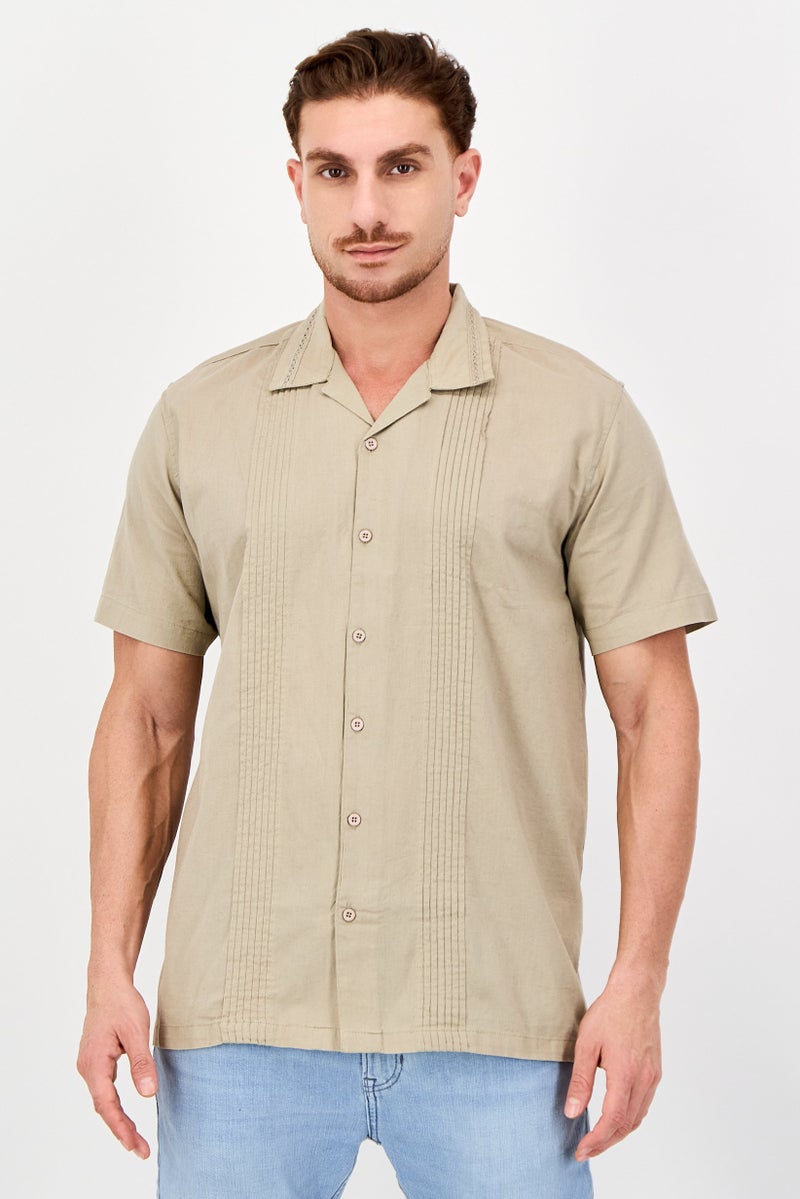 Threadbare Men Regular Fit Pleated Short Sleeve Casual Shirt, Khaki - Image 1